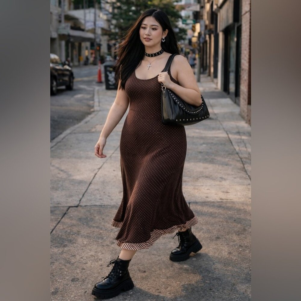 Vintage Y2K Polka Dot Silk Midi Dress Brown Size 16 Whimsigoth Fairy Romantic